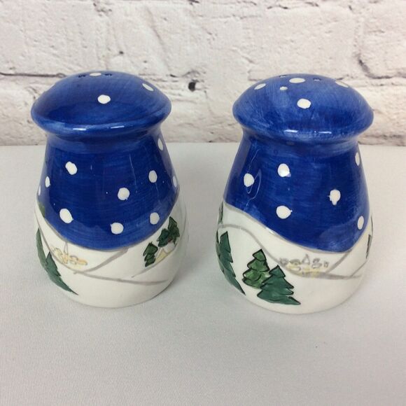 Christmas Mr. & Mrs Snowman Large Salt and Pepper Shakers Stove Top Ceramic Blue - Picture 2 of 7